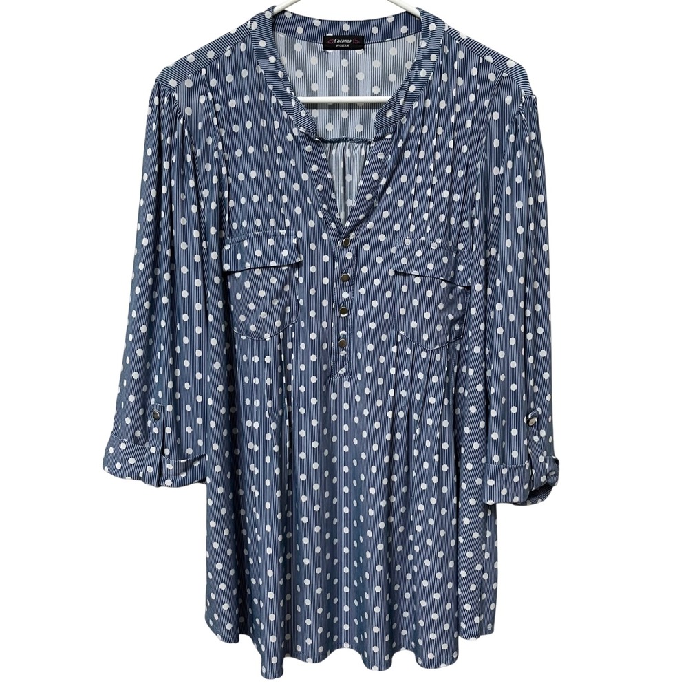 Cocomo Woman Blue White Polka Dot Stripe Tunic Shirt‎ Dress Long Sleeve Roll Tab